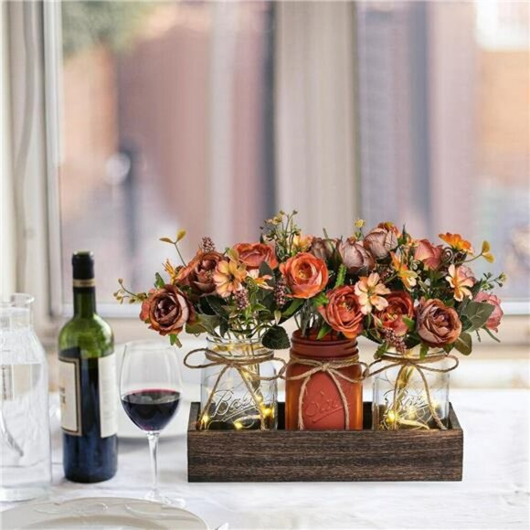 Mason Jar Centerpiece Set with Flowers Wood Tray LED Farmhouse Table Decor - Picture 5 of 8